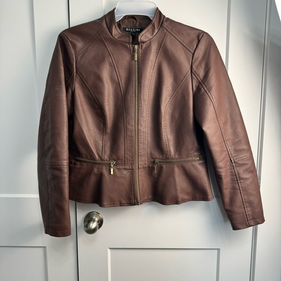 Baccini Jackets & Blazers - Baccini Women's Brown Faux Leather Cardigan style Jacket gold zips Size Large